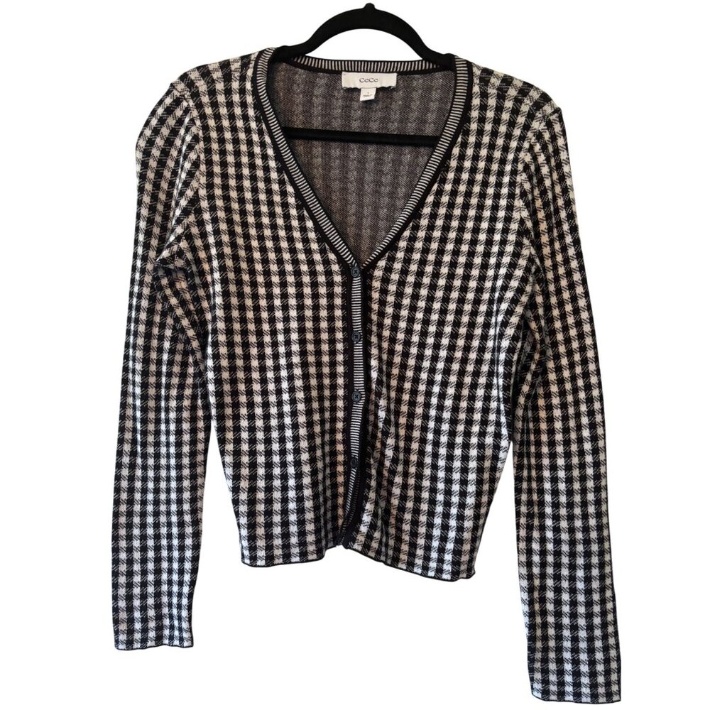 CeCe Gingham Black & White Cardigan Sweater V-Neck Long Sleeve Womens S